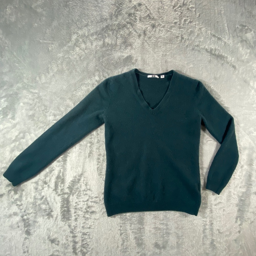 UNIQLO Cashmere Sweater Womens M Teal Green V-Neck Long Sleeve Knit Soft Capsule